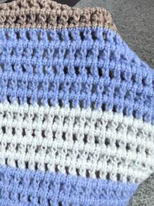 SHEIN PETITE 春夏海滩风格格子条纹露背系带蝴蝶结女士针织毛衣上衣 - 彩色 - 查看 7