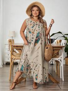 SHEIN CURVE+ Plus Size Women's Sleeveless Floral Print Dress, Summer,Holiday Outfits For Womenfall Clothes For Women,Winter,CURVE PLUS - Multicolor - View 8