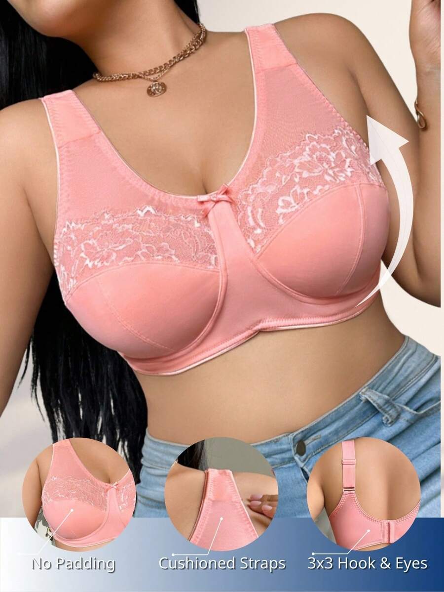 1 件加大码蕾丝拼接舒适无钢圈文胸 - 珊瑚粉 - 查看 1