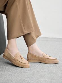 CUCCOO BIZCHIC 女士杏色绒面革舒适休闲乐福鞋，百搭平底一脚蹬鞋，适合户外、工作、日常穿着 - 杏色 - 查看 4