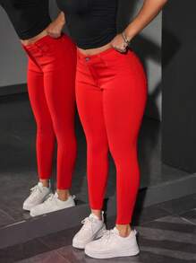 SHEIN PETITE Jeans ajustados de unicolor casual - Rojo - Ver 3
