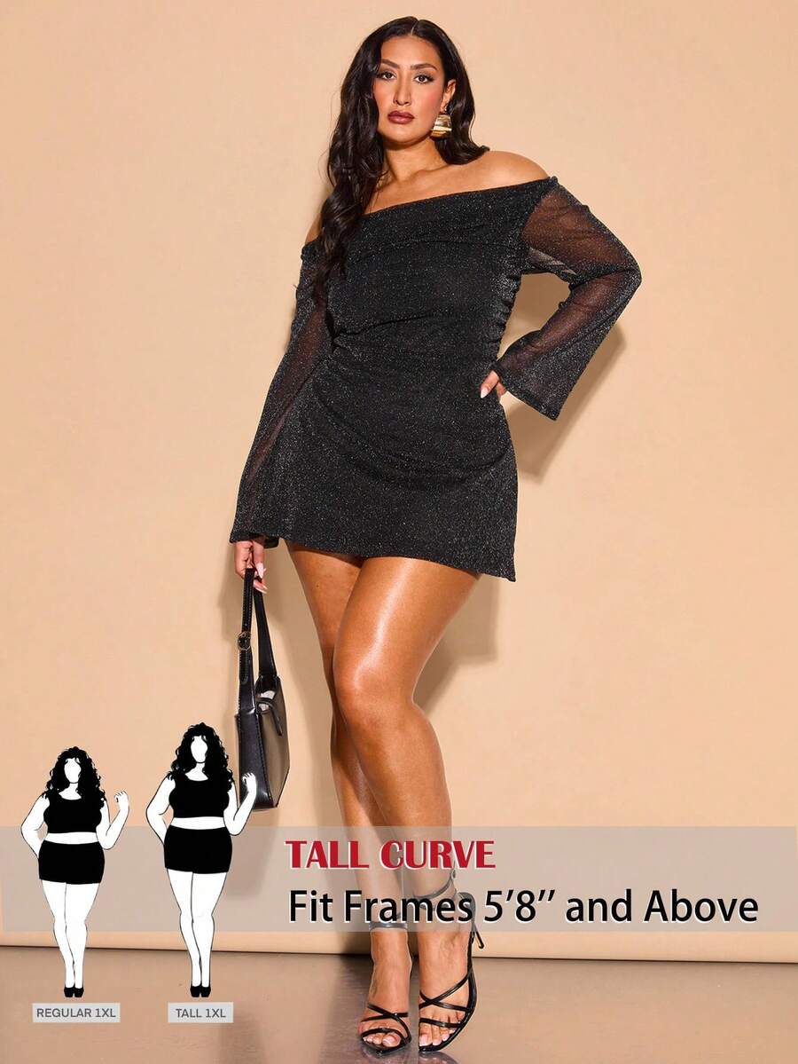 SHEIN Tall CURVE 大码女式优雅闪光露肩褶饰 A 字形喇叭袖连衣裙，性感迷你派对礼服，适合毕业典礼、婚礼、晚会、夜间外出、毕业典礼 - 黑色 - 查看 1