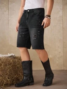 Manfinity Homme Quần short denim dáng rộng, cổ điển, màu xanh nhạt, giặt sạch dành cho nam - màu đen - Xem 5