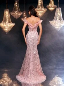 Glamrae Váy đuôi cá hoa đính cườm organza hở vai sang trọng thanh lịch, hở lưng gợi cảm, thích hợp cho đám cưới, tiệc tùng, vũ hội, tiệc tối (đính kèm nhiều họa tiết) - Bụi hồng - Xem 5