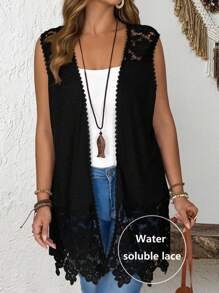 Rusticease Plus Size Solid Color Hollow Out Sleeveless Long Jacket Winter Fall Autumn - Black - View 3