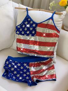Comfortcana Damski cekinowy top z nadrukiem amerykańskiej flagi i szorty, 2 sztuki, zestaw letni - Wielokolorowe - Zobacz 4