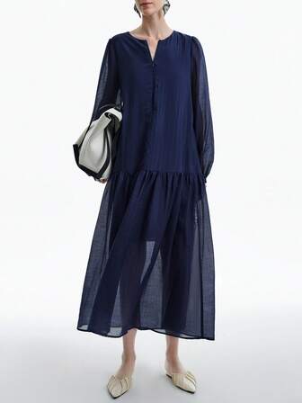 Aalyst Women's Elegant Chic Lightweight Luxury Casual Loose Solid Color Sheer Fabric Round Neck Front Hidden Zipper Ruffle Hem Side Pockets Long Sleeve Maxi Dress, Suitable For Spring/Autumn, Work, Vacation Fall Cloth For Women