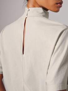 COSMINA Women's Elegant Solid Color Dress With Stand Collar - Apricot - View 2