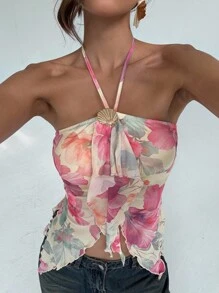 Aloruh Women's Casual Vacation Summer Halter Tie Back Crop Top, Summer Beach Vacation Boho Tropical Rave Festival Country Concert Ibiza Nashville Western Wear Boho Streetwear Tropical Gyaru Cute Top - Multicolor - View 7