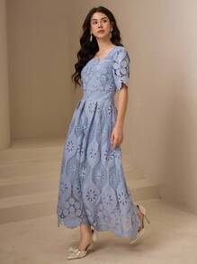 DAZY 优雅蕾丝方领泡泡袖中长连衣裙，适合夏季女士穿着 - 藍色 - 查看 4