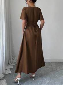 Elenzga 女士优雅A字型无袖连衣裙，夏季 - 棕色 - 查看 2