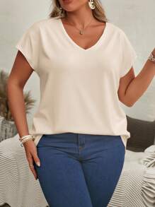 EMERY ROSE Apricot V-Neck Short Sleeve Pleated Casual T-Shirt For Plus Size Women - Multicolor - View 6