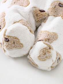 2件套新生儿可爱考拉印花刺绣加厚羊毛长袖连体睡衣，秋冬 - 棕色 - 查看 3