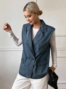 DAZY 女士夏季翻领无袖宽松休闲牛仔夹克和外套 - 中等水洗藍 - 查看 6