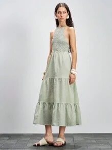 Lumivelle Romantic Dress Flared Dress Color Woven Bubble Plaid, Plaid, Checkered, Fitted, Sleeveless, Halter, Gathered, Multi-Tier Ruffle Hem, Pleated, Cinched Waist, Tie Back, Open Back, Oversized A-Line, Vacation, Holiday, Sexy, Elegant, Bohemian Vacation Style, Minimalist, Romantic, Casual, Women's Maxi Dress For Spring/Summer Pastel Green Dress Summer Dress Vintage Clothes For University Breezy Checks Season - Green - View 6