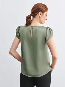 BizChic 女士纯色圆领褶饰蝙蝠袖宽松休闲衬衫，基本款都市通勤简约优雅别致商务休闲办公室装 - 綠色 - 查看 8