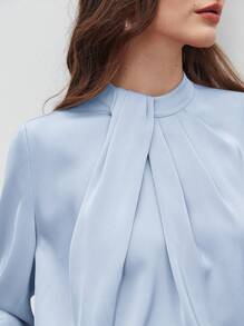 BizChic Top Feminina com Gola Alta Pequena, Design Assimétrico, Decoração Plissada, Ajuste Solto, Top de Manga Longa, Elegante Minimalista Casual para Ir ao Trabalho, Encontro, Uso Diário, Férias, Dia da Independência, Temporada de Formatura, Festival de Música, Emagrecedor, Elegante, Versátil, Premium, Verão, Social, Feriado, Festa, Passeio, Praia, Escritório, Vintage Francês, Fresco - Azul Empoeirado - Visão 9