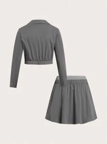 Sweetra Plus Size Solid Color Blazer Collar, Elastic Back, 2 In 1 Pleated Skirt Suit, Spring/Autumn Fall Cloth For Women Winter - Grey - View 2