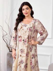 Al Najma Plus Size Women Floral Print Round Neck Elegant Long Sleeve Arabic Dress - Apricot - View 5