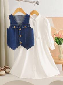2pcs/Set Girls French Vintage White Long Sleeve Shirt Dress And Denim ...