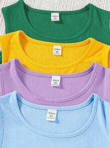 SHEIN Paquete múltiple de top de camiseta de tirantes acanalado de unicolor informal para niña preadolescente - Multicolor - Ver 8