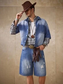 Manfinity Homme 男士浅蓝色水洗复古做旧宽松休闲牛仔短裤 - 藍色 - 查看 2