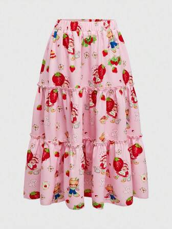 Falda de talla grande para mujer con estampado de fresa y textura de waffle, para otoño