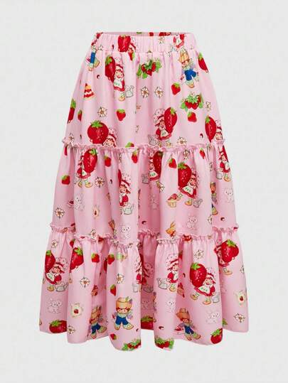 Falda de talla grande para mujer con estampado de fresa y textura de waffle, para otoño