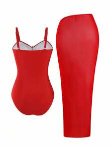 Swim Oasis Plus Size Women's Premium Oasis 2-Piece Red V-Neck Ruched Fitted Swimsuit With Matching Red High Slit Maxi Skirt, Summer Beach Vacation - Red - View 3