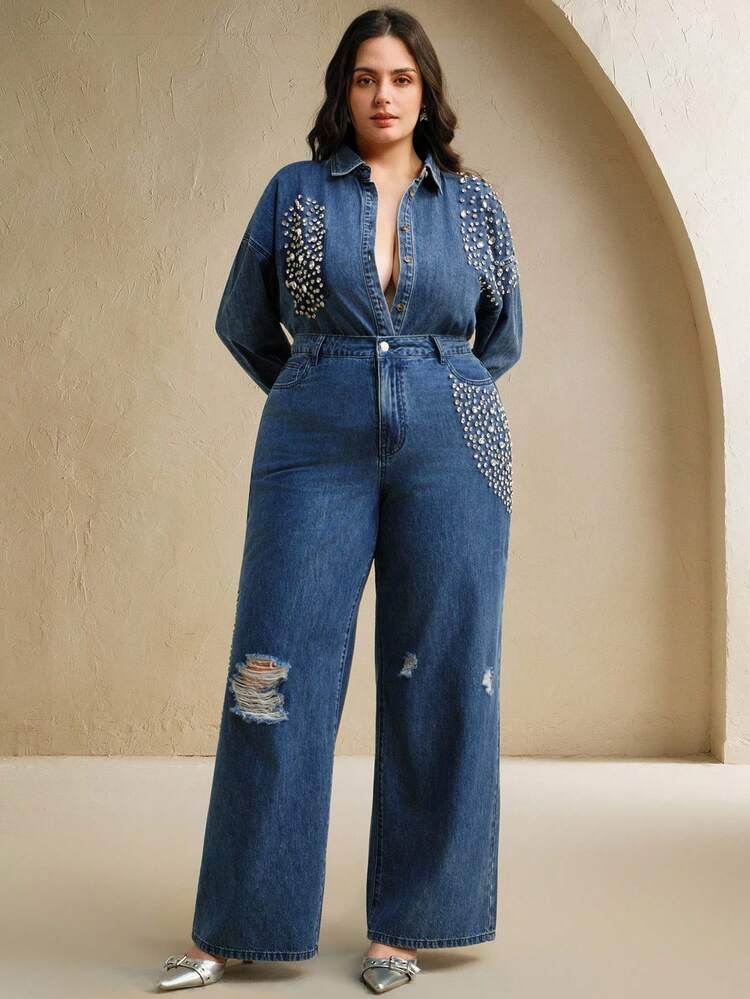 Plus Size Vintage Rhinestone & Beaded Embellished Straight Leg Jeans For Women, Casual & Elegant