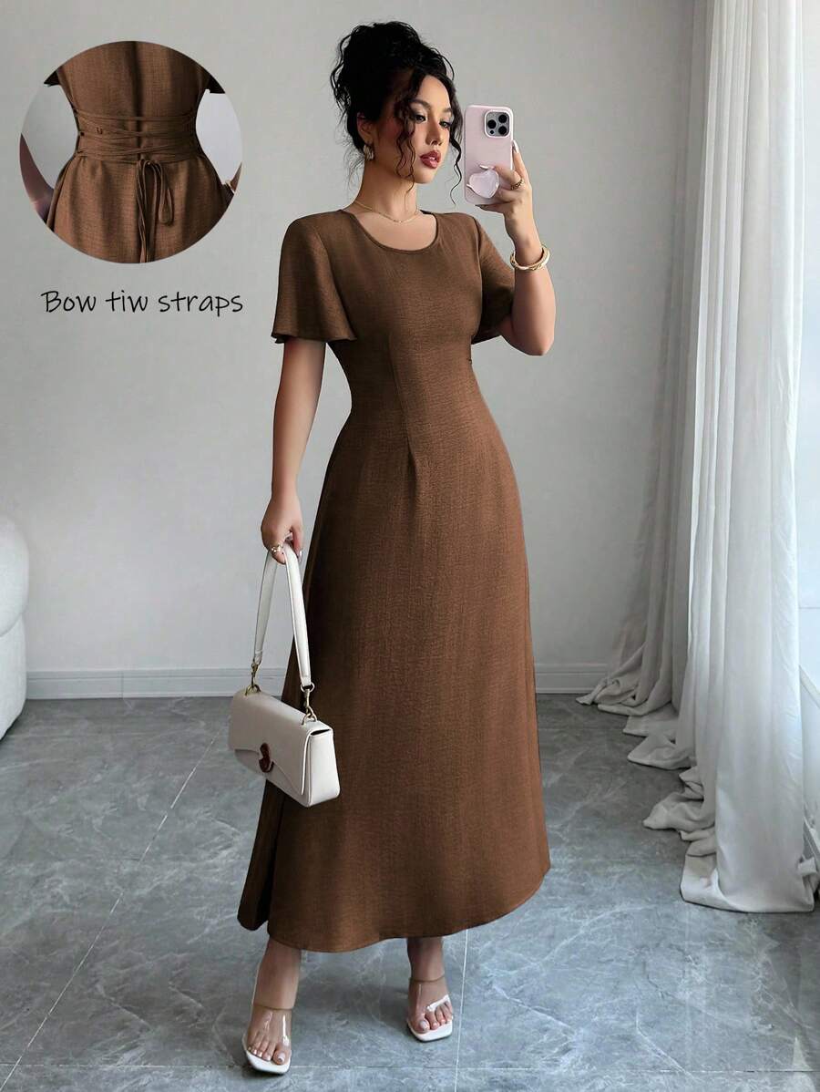 Elenzga 女士优雅A字型无袖连衣裙，夏季 - 棕色 - 查看 1