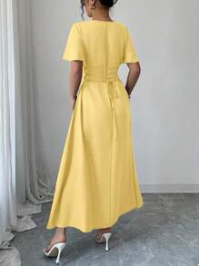 Elenzga 女士优雅A字型无袖连衣裙，夏季 - 黃色 - 查看 2