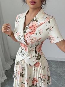 SHEIN Tall Random Print Elegant Commuter Collared Short Sleeve Ripped Waist Decorated With Double Metal Buttons Asymmetric Hem Elastic Waist A-Line Pleated Mini Skirt Women Suit Set - Apricot - View 6