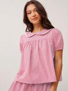 WESTFADE Summer Cotton Gingham Gingham & Lace Peter-Pan Collared Voluminous Babydoll Short Puff Sleeve Button Back Top Spring Beach Vacation - Pink - View 4