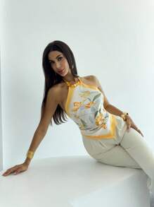 Firerie 女士优雅浪漫串珠花卉印花露背系带下摆吊带背心，适合海滩、派对、音乐节、日常穿着 - 彩色 - 查看 7