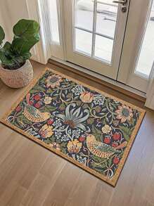 SHEIN Symmetrical Floral And Bird Design Welcome Doormat, Non-Slip Rubber Backed Polyester Floor Mat, Lightweight, Machine Washable, Braided, Decorative Rug With For Home, Bedroom, Kitchen, Hallway, Entryway