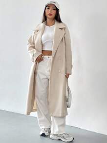 SHEIN EZwear Lapel Neck Drop Shoulder Belted Overcoat In Fall/Winter - Beige - View 3
