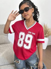 SHEIN 青少年女孩时尚宽松V领短袖针织毛衣 - 紅色 - 查看 7