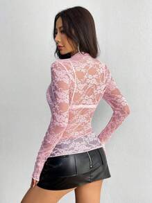 EgrlEra Top de renda sexy slim fit manga comprida Y2K - Rosa - Ver 2