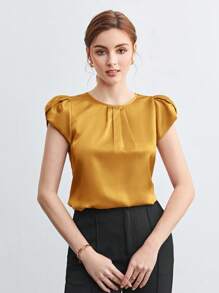 BizChic Women's Solid Color Round Neck Pleated Decor Batwing Sleeve Loose Short Sleeve Blouse, Elegant Office Casual Shirt, Basic Top For Women - Yellow - View 3