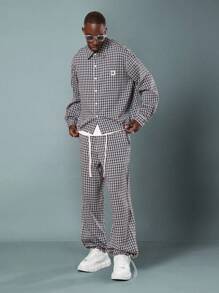 SUMWON Check Pattern Co-Ord Set Long Sleeve Button Down Shirt With Baggy Pull On Pants Casual Streetwear Fashion Fall Winter Spring Collection - Blue - View 7