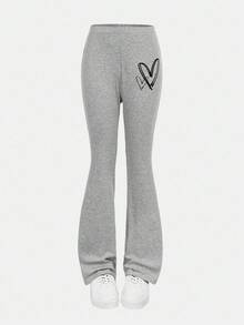 SHEIN Girlism 少女灰色/秋/冬/针织休闲宽松爱心印花卫衣和喇叭裤两件套 - 灰色 - 查看 7