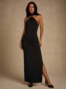 Glamine 黑色优雅吊带金属扣装饰连衣裙