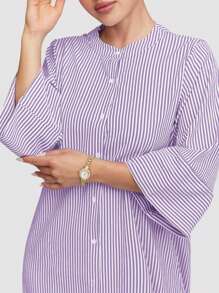 Veilorie 女式条纹纽扣前长休闲连衣裙，春秋季节，端庄的长裙，非常适合海滩/休闲/度假/家居服/返校和日常休闲穿着 - 紫色 - 查看 7