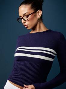 MISSGUIDED 条纹修身针织短款毛衣长袖高领冬季秋季时尚罗纹设计套头衫休闲派对百搭经典款 - 藏蓝色 - 查看 1