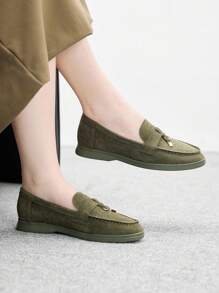 CUCCOO BIZCHIC 女式绒面革舒适平底乐福鞋，军绿色鞋子，适合通勤、户外、购物、工作、日常穿着，百搭 - 軍綠色 - 查看 7