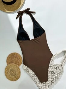 Swim SXY 女式夏季纯色深V领金属装饰性感连体泳衣 - 咖啡棕 - 查看 4