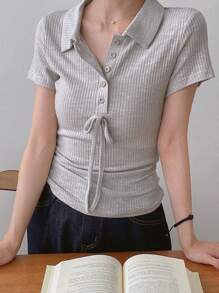 DAZY Summer Fitted Casual Textured Striped Bowknot Strap V-Neck Shirt Style Short Sleeve Blouse For Office Wear - Grey - View 3