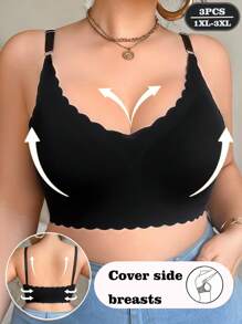 SHEIN 3件套大码女士纯色弧形下摆休闲文胸套装 - 彩色 - 查看 2