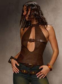 Aloruh Women's Sexy Sleeveless Washed PU Vintage Crop Top, Fall Women Clothes Casual Wear Leather Top Women Brown Leather Top Leather Corset Top Dark Brown Top Leather Halter Top Autumn Clothes Y2k,2000s,Y2k Clothes Cute Tops Streetwear Vintage Clothes Women Boho Y2k,2000s,Y2k Clothes Y2k Western Wear Women Fall Women Clothes Tops For Women Crop Tops Going Out Tops Women ,Sexy Top - Mocha Brown - View 2